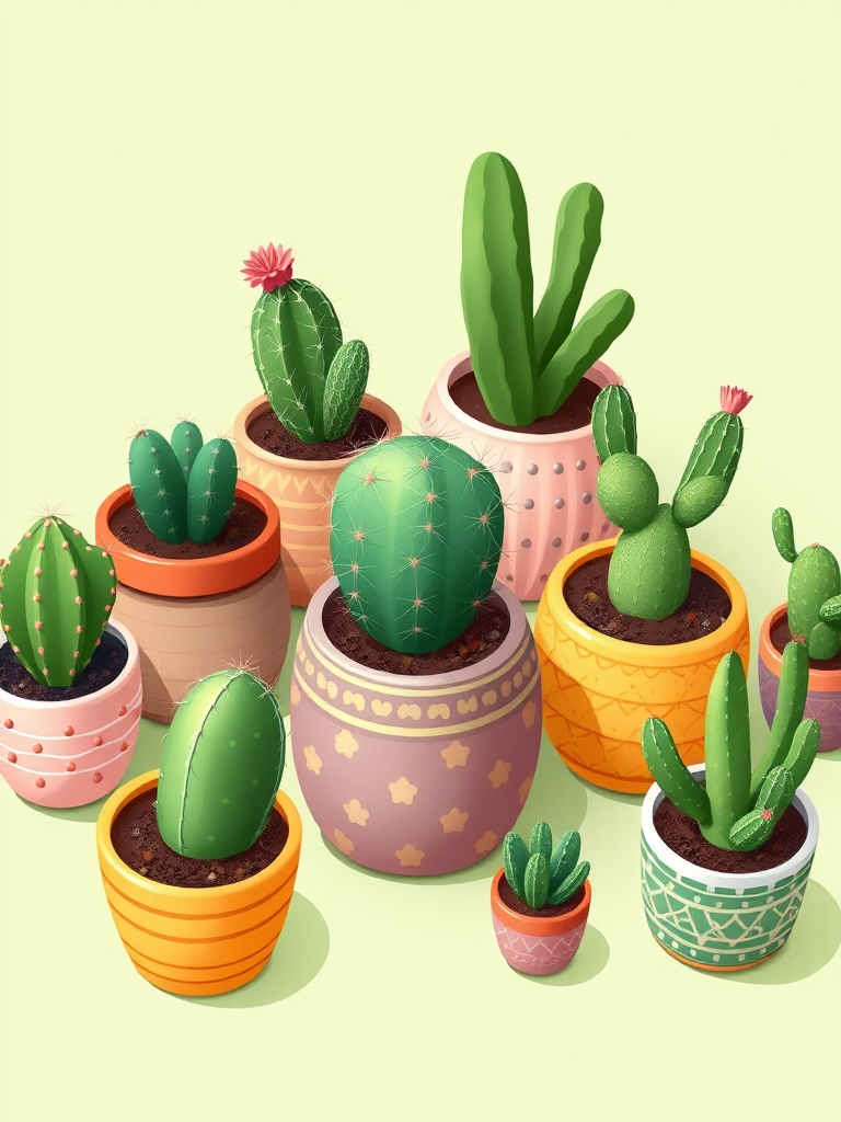 Create an illustration of various cacti in decorative pots on a soft green background, using a high-resolution digital canvas, flat lay view, with bright colors and a whimsical style, shot with a DSLR camera at f/2.8 for a shallow depth of field and vibrant contrast.