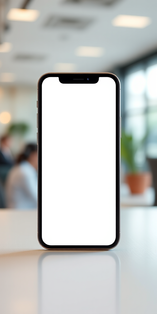 Create a high-resolution image of a modern smartphone with a blank screen, using a 50mm lens, f/1.8 aperture, ISO 100, and a focus distance of 1 meter in a well-lit environment, captured with a DSLR camera from a front-facing view.