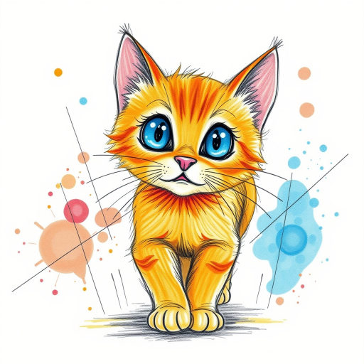 A vibrant childs coloured pencil drawn illustration of a bright orange cat with large, expressive blue eyes, a very cute style. The cat appears to be walking towards the viewer, surrounded by an abstract splash of colors and fine black lines, giving the image a dynamic and artistic flair. The background is a soft beige, highlighting the cat's vivid coloration and playful demeanor. Naively drawn scratchy line style.