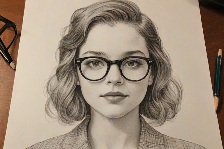 Stunning Cailee Spaeny, pencil sketch, portrait of Exquisite woman 1926s in glasses, hair style beatnik, outline, clear lines, fine lines, 8k