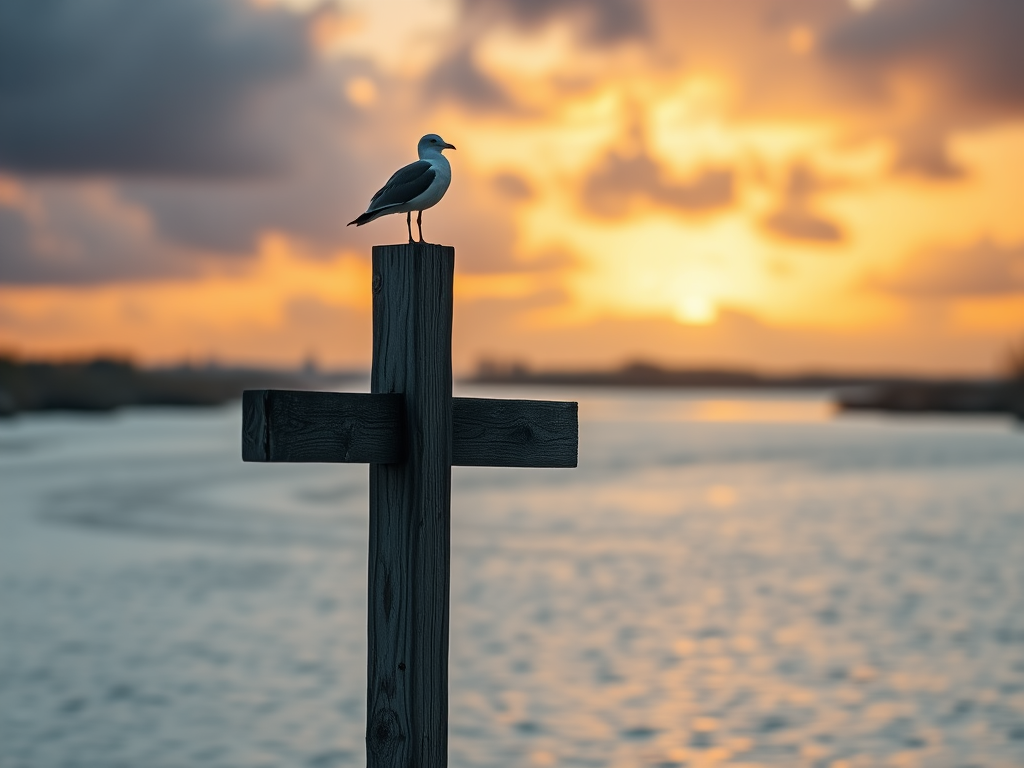Create an image of a wooden cross standing by a calm river under a cloudy sky at sunrise, with a gull perched on top, shot with a Canon EOS R, 50mm lens, f/1.8 aperture, ISO 100, 1/200 sec exposure, using a wide-angle view for depth and softness in the background.