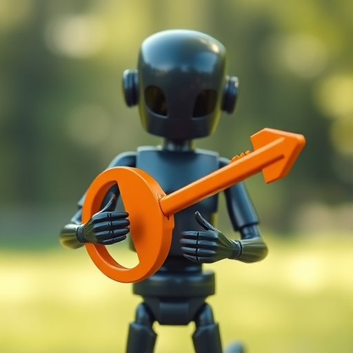 Create a 3D render of a humanoid figure holding a large orange key, high-resolution with a Canon EOS R5, 50mm f/1.2 lens, natural lighting, shallow depth of field, soft focus background.