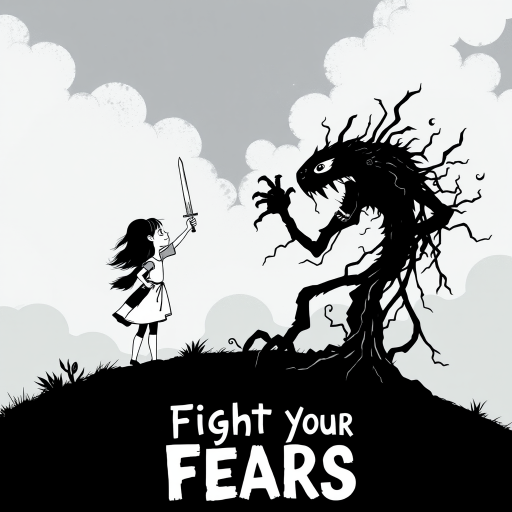 Fight your fears illustration of black and white minimalist of a little girl standing on a hill, raising a sword in hand, she is facing a large menacing creature with large head, sharp teeth and sharp claws, its body is made of vines and roots. The background is a cloudy sky with a hint of smoke or fog. The overall mood of the image is dark and eerie.