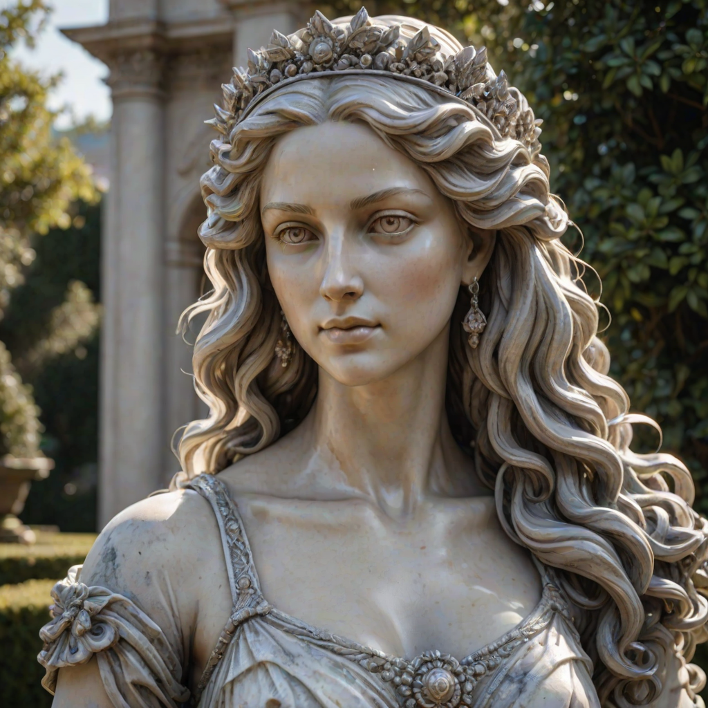 beautiful renaissance princess marble statue decorated with silver ornaments, standing in the sun (marble garden: 1.2), surrounded by topiaries, intricate curly hair, flawless marble skin, (weathered marble texture:1.35), detailed eyes, masterpiece, best quality, intricate details, high detail RAW color photo, very detailed, glorious lighting, cinematic lighting, contrast, bright light, gigapixel, 8k resolution, film, octane rendering, unreal, high definition, 8k uhd, professional lighting, photon mapping, radiosity, physically based rendering, award-winning photography, backlight, Photorealistic, Light particle tracing, vivid color, Obvious layers,Photography Award