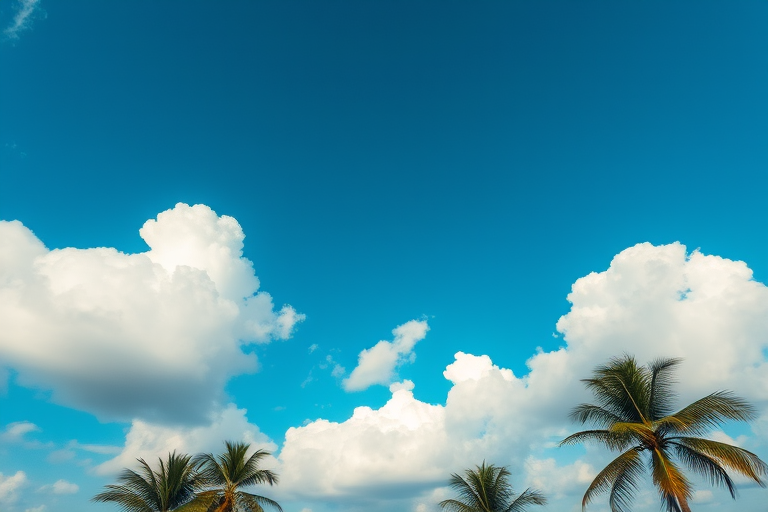A vibrant blue sky with fluffy clouds and a silhouette of palm trees in the foreground, captured with a DSLR camera, aperture f/8, shutter speed 1/2000s, ISO 100, 24mm lens, wide-angle view for enhanced depth.