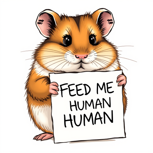 hamster holding a note which says "FEED ME HUMAN"