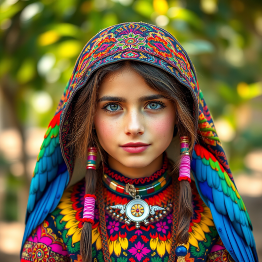 A beautiful Turkish girl, wearing colorful bird clothing with vibrant colors
