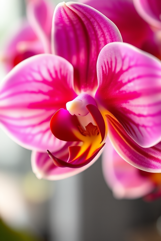 photograph of a vibrant orchid with rich red and yellow markings, soft natural lighting, shallow depth of field, ISO 100, aperture f/2.8, 50mm lens, macro photography style, taken with a DSLR camera