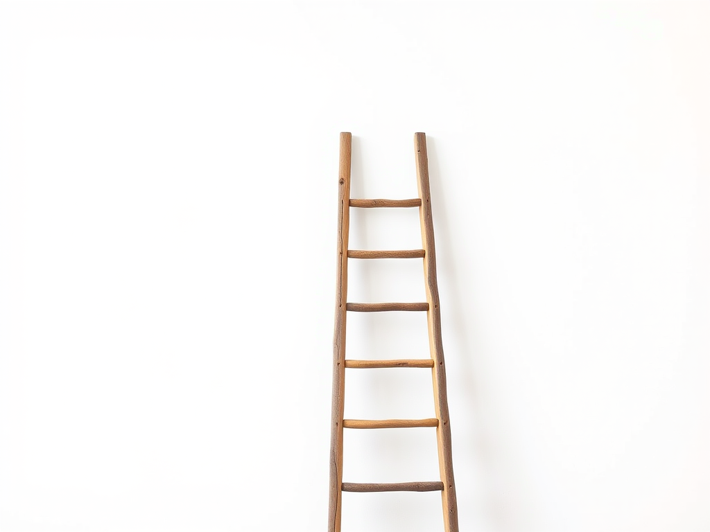 Generate an image of a vertical wooden ladder against a plain white background, using a DSLR camera with a 50mm lens, aperture set to f/2.8, ISO 100, and a shutter speed of 1/100s, capturing a clear and detailed view with natural lighting.