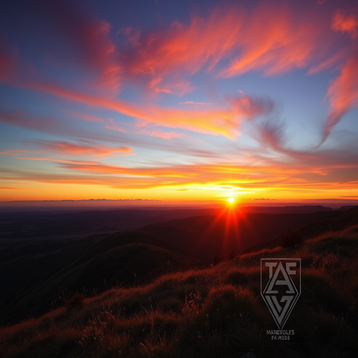 Create a high-resolution image of a serene landscape at sunset with vibrant colors and detailed textures, using a DSLR camera with a 50mm lens, aperture f/1.8, ISO 100, and a shutter speed of 1/200s, taken from an eye-level perspective to capture the depth and atmosphere.