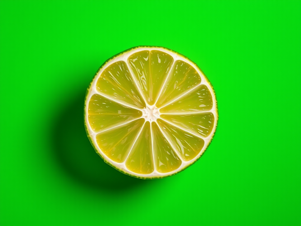 Create a high-resolution image of a fresh lime slice on a vibrant green background, using a DSLR camera with a 50mm lens at f/2.8, 1/250s shutter speed, ISO 100, top-down view, natural lighting, and vivid colors for enhanced detail and clarity.