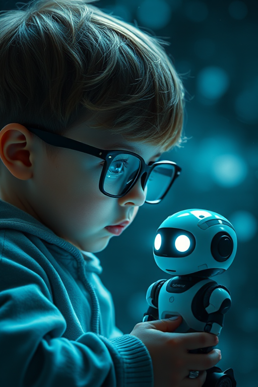Create a scene of a young child in glasses interacting with a small robot in a cosmic environment with glowing eyes, soft focus background, shot with a Canon EOS R5, 50mm f/1.2 lens, aperture f/1.8, ISO 100, 1/200s shutter speed, dramatic lighting and high dynamic range for enhanced image quality.