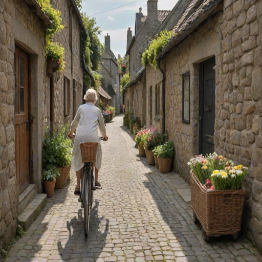 Quiet countryside village, with cobblestone streets and stone cottages, a woman rides a bicycle down a narrow lane, her basket filled with fresh bread and flowers from the local market.