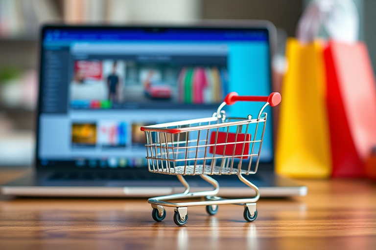 Create a detailed image of a small shopping cart on a wooden table in front of a blurred laptop screen, with colorful shopping bags in the background, using a DSLR camera at f/2.8 for shallow depth of field, 50mm lens, ISO 100, 1/60s shutter speed to enhance clarity and vibrancy.