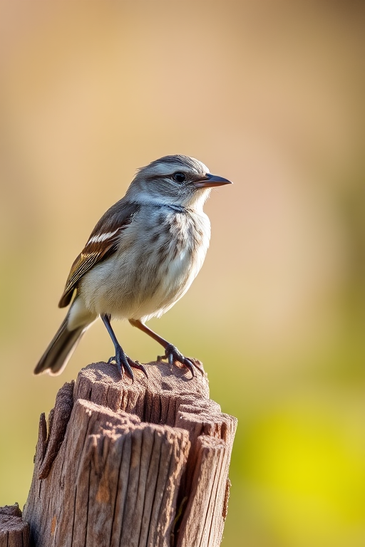 A close-up photograph of a bird perched on a wooden stump, taken with a DSLR camera, 50mm lens, aperture f/2.8, ISO 200, natural lighting, shallow depth of field, focusing on the bird with a blurred background.