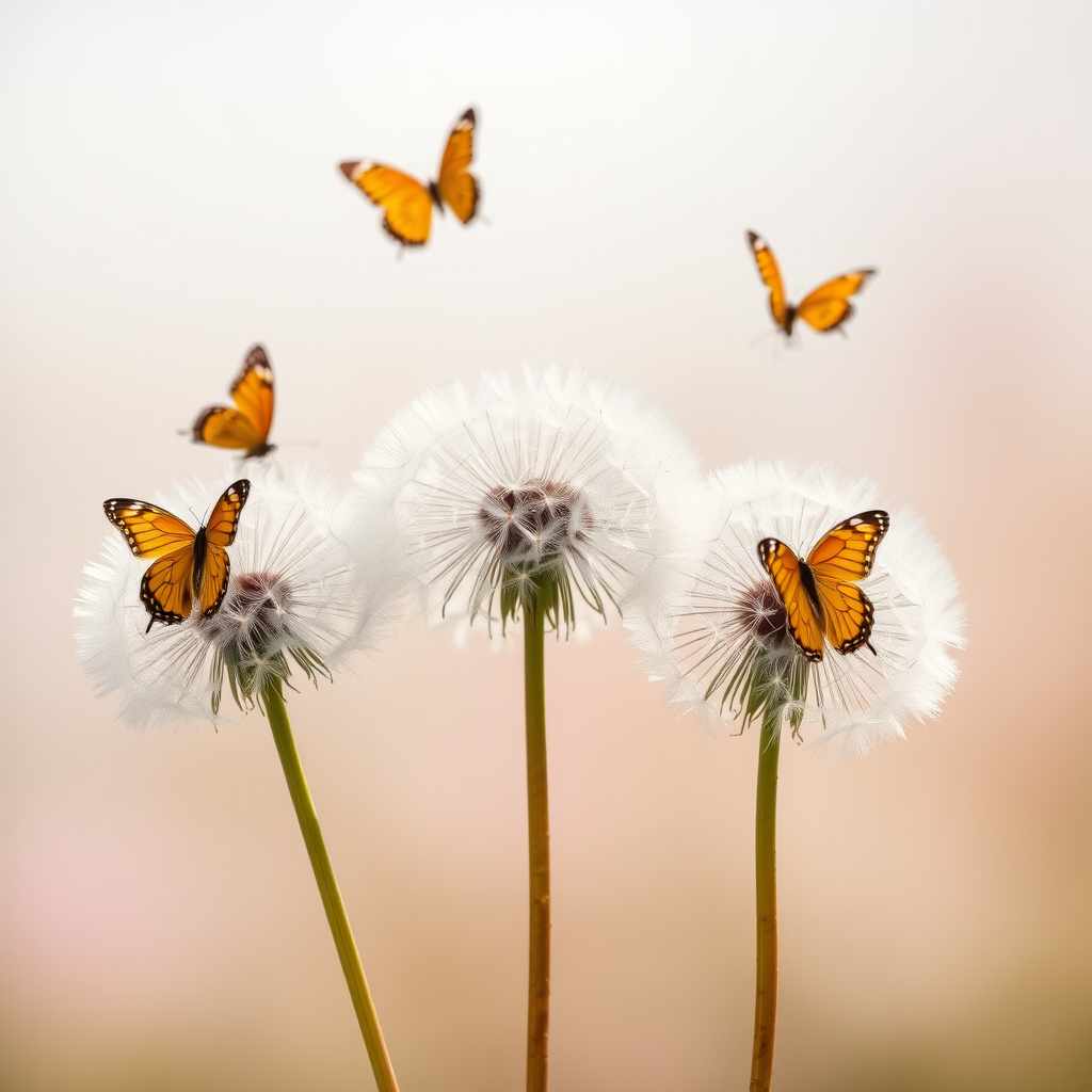 Create a high-resolution image of three dandelions with delicate pastel colors, a soft background, capturing butterflies gently flying around them, shot with a Canon EOS R5 using a 50mm f/1.8 lens at ISO 100, f/2.8, and natural light for enhanced detail and clarity.