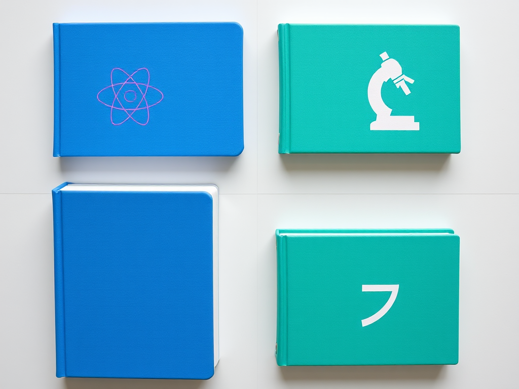 Create a high-resolution image of four colorful science textbooks arranged in a 2x2 grid, featuring a blue book with an atom graphic, a green book with a puzzle piece design, a white book with a microscope illustration, and a teal book with a square root symbol, shot with a Canon EOS R5 at f/8, ISO 100, 50mm lens, soft natural lighting, top-down view with a clean, minimalistic background.
