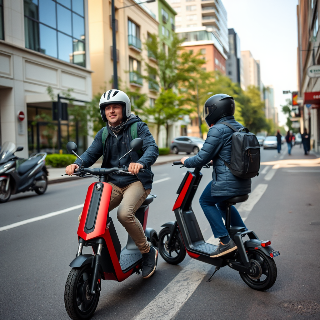 Street scene with two people riding electric scooters, showcasing urban transportation; camera settings: f/4, ISO 200, shutter speed 1/500s; camera view: wide-angle shot; camera style: natural lighting; camera type: DSLR.