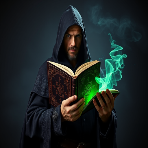 High fantasy sorcerer holding an ancient book with glowing green magic, dark cloak with intricate details, cinematic lighting, dramatic shadows, portrait orientation, 85mm lens, f/1.8 aperture, ISO 100, full-frame camera.