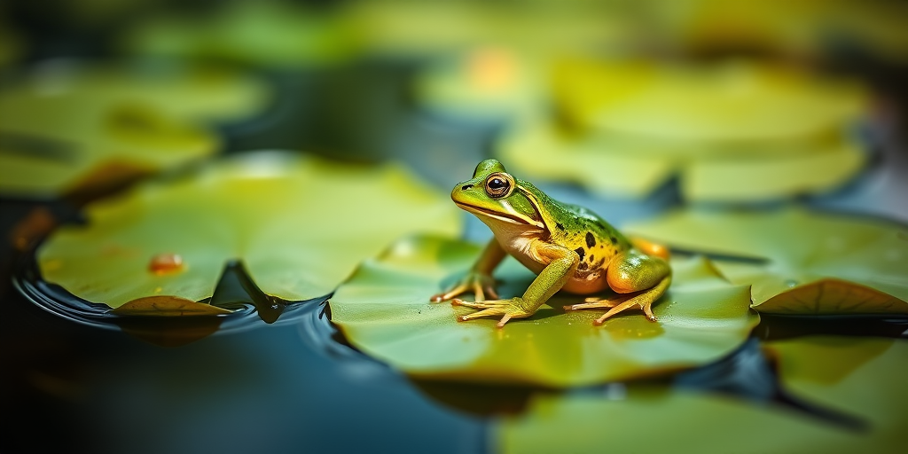 a close-up shot of a green frog sitting on lily pads in a tranquil pond, use a DSLR camera with a 100mm macro lens, aperture f/2.8, ISO 100, natural lighting, shallow depth of field for a blurred background and enhanced focus on the frog
