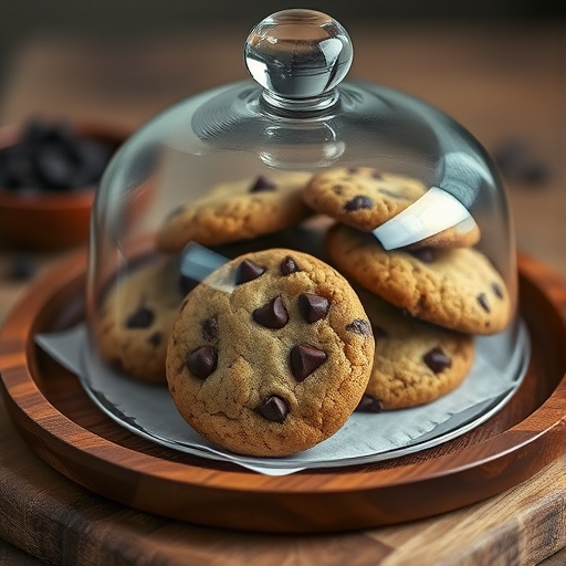 regenerate a close-up image of a glass cloche containing chocolate chip cookies on a wooden plate with soft lighting, using a DSLR camera, aperture f/2.8, ISO 100, 50mm lens, and a shallow depth of field for enhanced detail and texture.
