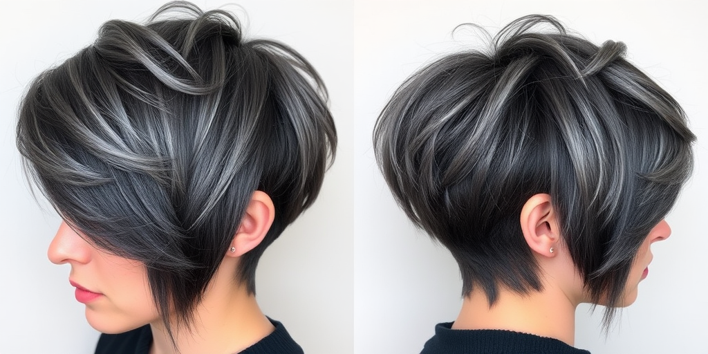 Sophisticated charcoal gray pixie cut named "Smoky Quartz" with textured layers, silver highlights adding dimension, asymmetrical bangs sweeping across forehead, tapered nape and sides, edgy yet refined look