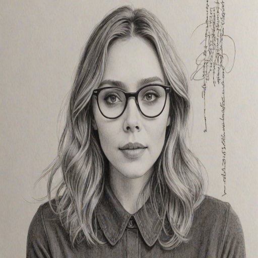 Radiant Elizabeth Olsen, pencil sketch, portrait of Pleasing woman 1958s in glasses, hair style beatnik, outline, clear lines, fine lines, 8k