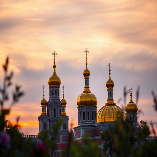 Capture a vibrant sunset scene of a golden-domed church with multiple onion-shaped domes, using a DSLR camera set to f/8 aperture, ISO 200, and a shutter speed of 1/125 second, in a portrait orientation with a focus on the intricate details of the domes against a soft gradient sky, incorporating foreground elements for depth.