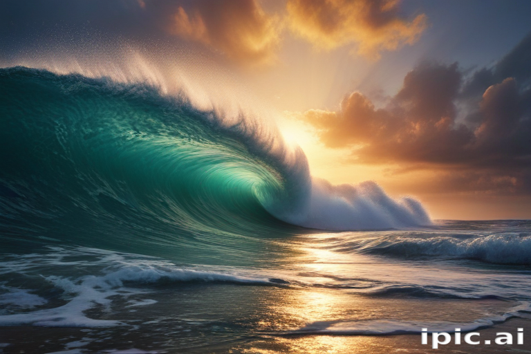 Majestic Ocean Wave Crashing at Sunset with Vibrant Colors and Serenity