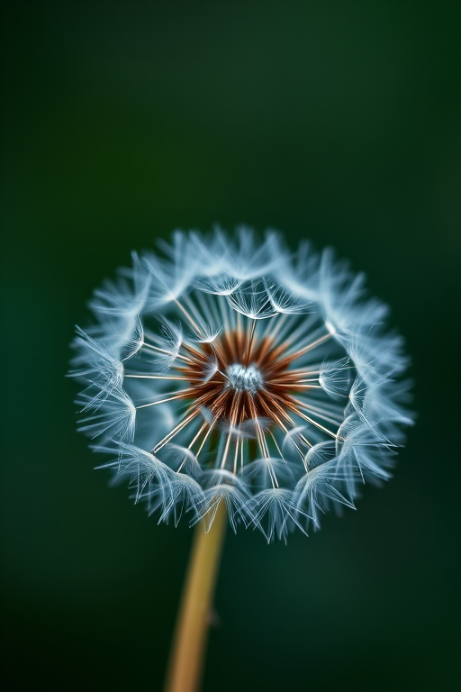 macro shot of a dandelion seed head with a blurred dark green background, f/2.8 aperture, 1/100 sec shutter speed, ISO 100, 100mm macro lens, natural light, shallow depth of field