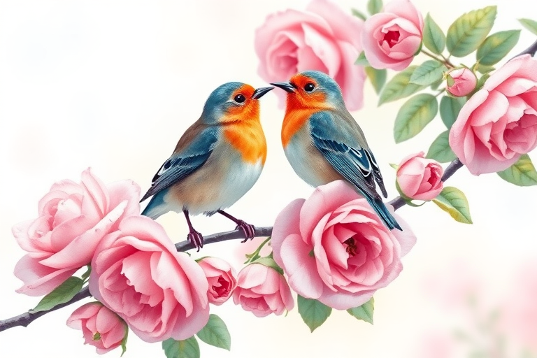 Create a vibrant watercolor illustration of two birds perched on a branch adorned with blooming roses, with soft pastel colors and a light background, captured using a Canon EOS R5 with a 50mm f/1.2 lens at f/2.8, in natural light, with a slight bokeh effect.