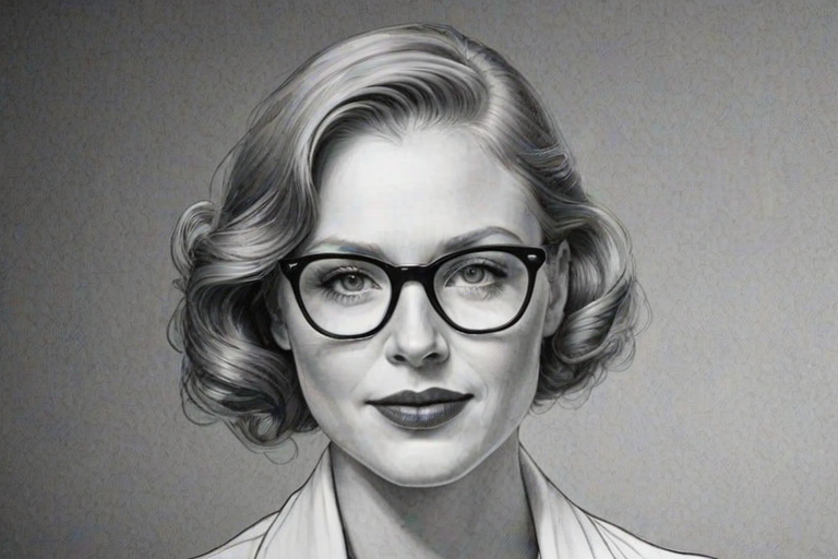 Radiant Jesse Tyler Ferguson, pencil sketch, portrait of Magnificent woman 1934s in glasses, hair style beatnik, outline, clear lines, fine lines, 8k