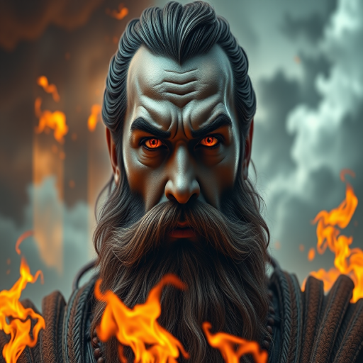 Generate a hyper-realistic portrait of a powerful, bearded deity with intense orange eyes, surrounded by stormy clouds and flames, using a Canon EOS R5 with a 50mm f/1.2 lens, 1/200 sec shutter speed, ISO 100, shot in dramatic lighting from a low angle for added intensity and depth, emphasizing the details in the face and texture of the clouds and fire.