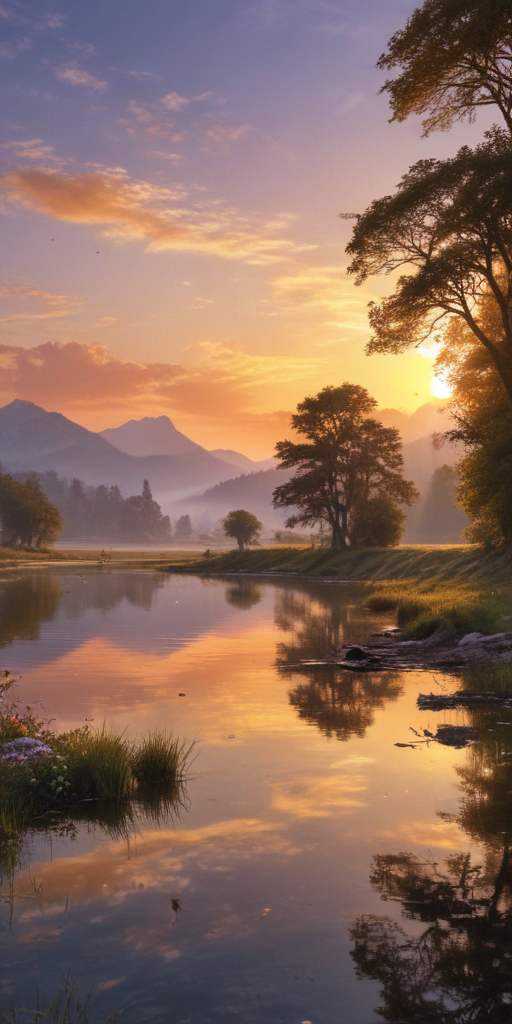 Serene Sunrise Over Tranquil Lake Surrounded by Majestic Mountain Landscape