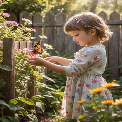 Soft, intimate photo of a young child reaching for a butterfly in a blooming garden, sunlight catching the translucent wings, with bright flowers and a weathered wooden fence in the background.