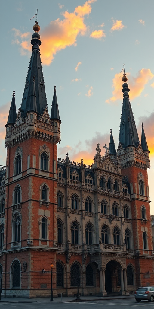 Create a detailed illustration of a historic building resembling a castle with sharp towers and intricate designs, set in an urban environment, captured at sunset with a Canon EOS R5, using a 24-70mm f/2.8 lens, aperture set to f/8, ISO 100, and a shutter speed of 1/125s for optimal clarity and depth.