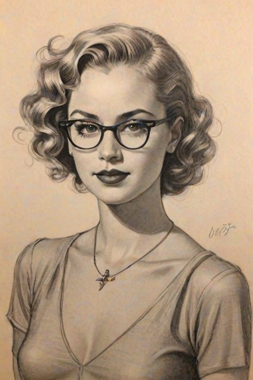 Fascinating DaniLeigh, pencil sketch, portrait of Exquisite woman 1934s in glasses, hair style beatnik, outline, clear lines, fine lines, 8k