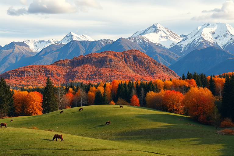 Generate a high-resolution image of a scenic mountain landscape featuring a range of snow-capped peaks in the background, colorful autumn foliage in the foreground, and a tranquil green meadow with grazing animals, shot with a DSLR camera at f/11 aperture, ISO 100, 24mm lens, using a wide-angle view to capture the expansive scenery and vibrant colors.
