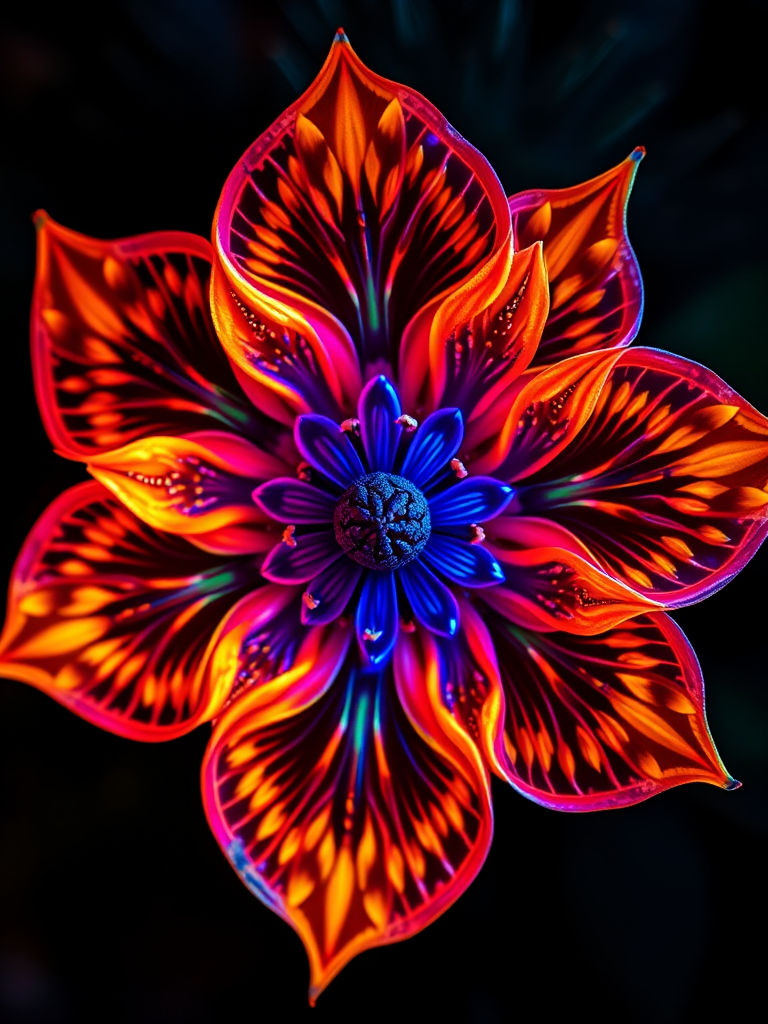 A vibrant, glowing floral design with intricate details and a dark background, captured with a DSLR camera at f/2.8, ISO 100, 50mm lens, top-down view, with a shallow depth of field for enhanced image quality.