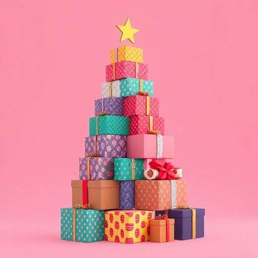 Create a digital illustration of a stylized Christmas tree made of colorful, patterned gift boxes stacked creatively, with a soft pink background, using a high-resolution image setting, a 50mm lens for a slight depth of field, and a vibrant color palette to enhance the festive atmosphere.