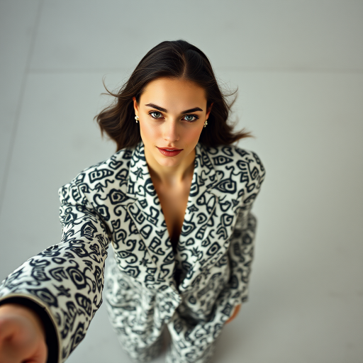 Capture the model from a high angle, emphasizing the outfit’s pattern and silhouette. Use a 35mm prime lens to maintain sharpness and minimize distortion