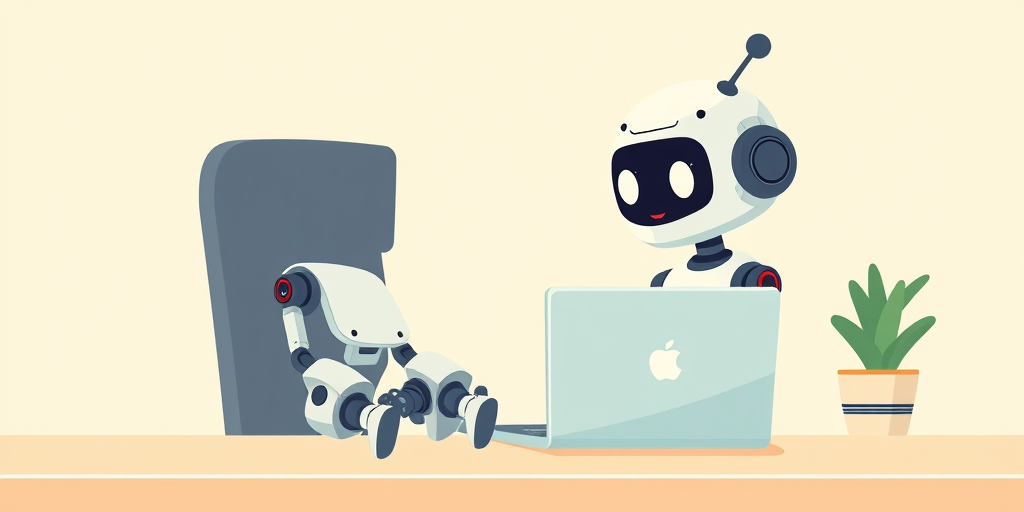 Create a high-resolution cartoon-style illustration of a cute robot sitting at a desk using a laptop, with a soft pastel background, shot with a Canon EOS R5, 50mm lens, f/2.8, ISO 100, 1/125s, in a bright, well-lit environment.
