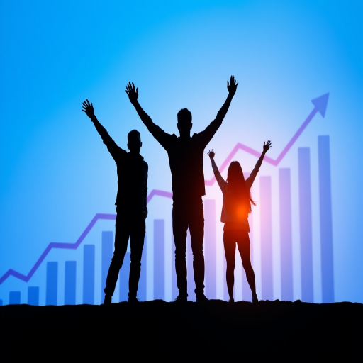 Create an image of silhouettes of three people celebrating in front of upward trend arrows and graphs, with a blue gradient background; use a Canon EOS R5 camera, 50mm lens, f/1.8 aperture, ISO 100, shot in soft focus with a slight vignette effect to enhance image quality.