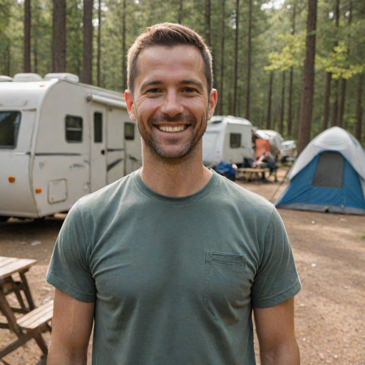 professional photograph, some guy, 35 year old man, crew cut, at a campsite, smiling at viewer, friendly