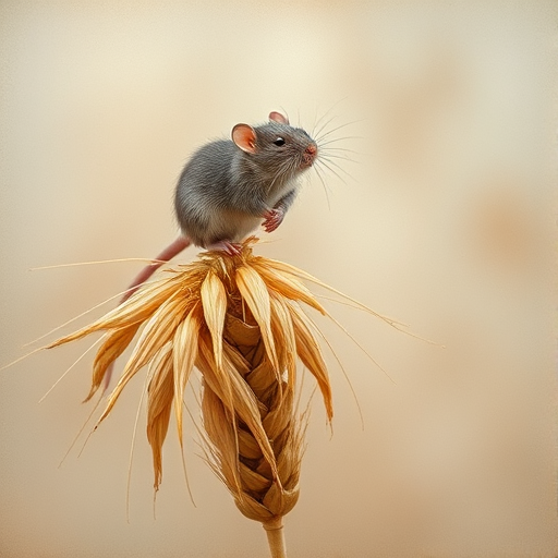 Soft, muted Alcohol Ink with ebru effect background image of tiny whimsical rat, who climbed high on the top of a golden rye ear.