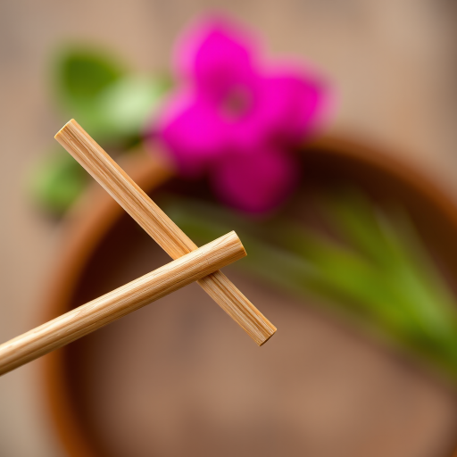 Create an image of a realistic wooden chopstick, using a Canon EOS R5 camera, 50mm lens, aperture f/2.8, ISO 100, natural lighting, top-down view, shallow depth of field for a soft background, and vibrant color enhancement.