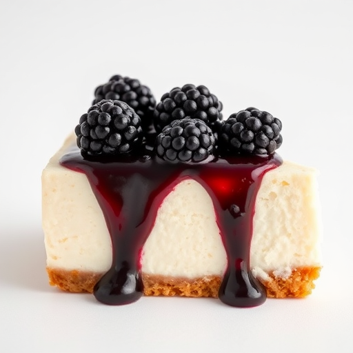 Create an image of a slice of cheesecake with a creamy white filling and a crumbly golden crust topped with a glossy blackberry sauce and fresh blackberries arranged on top against a light background.