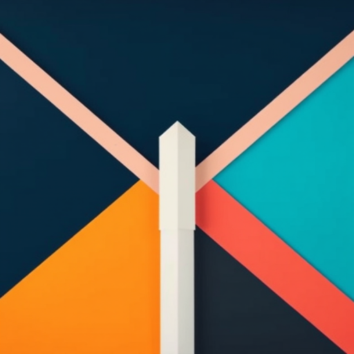 Create an abstract geometric design featuring sharp lines and contrasting colors in a dynamic composition, captured using a DSLR camera with a 50mm lens at f/1.8, ISO 100, and a shutter speed of 1/200 sec, from a top-down view.