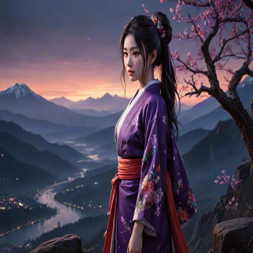 masterpiece, best quality, aesthetic, 8k unreal engine photorealism, ethereal lighting, purple, nighttime, darkness, surreal art, fantasy, glowing, night, (dark environment), Nakiri Ayame, long hair, side ponytail, AyameNewYears, red kimono, floral print, hair flower, sash, wide sleeves, white background, scenery, ink, mountains, water, trees, full body, Unleash a spectrum of colors in a frenetic display, with energetic brushstrokes, splattering paints, and wild color combinations colliding in a truly chaotic manner, from behind,