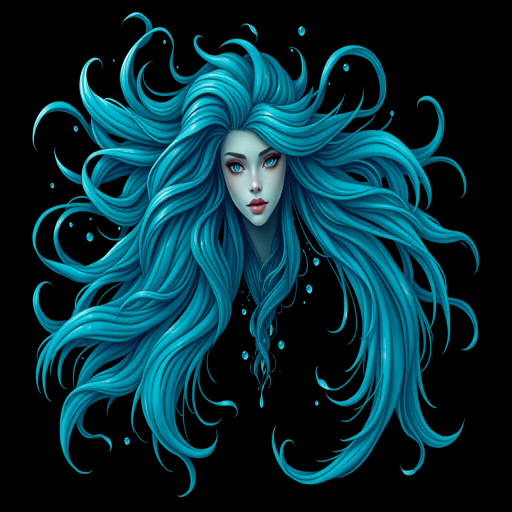 Create a detailed illustration of a mystical Aquarius figure with flowing hair and water elements, using a vibrant turquoise color palette, deep black background, high resolution, shot with a DSLR camera at f/1.8, ISO 100, 50mm lens, top-down view, soft lighting for a glowing effect.